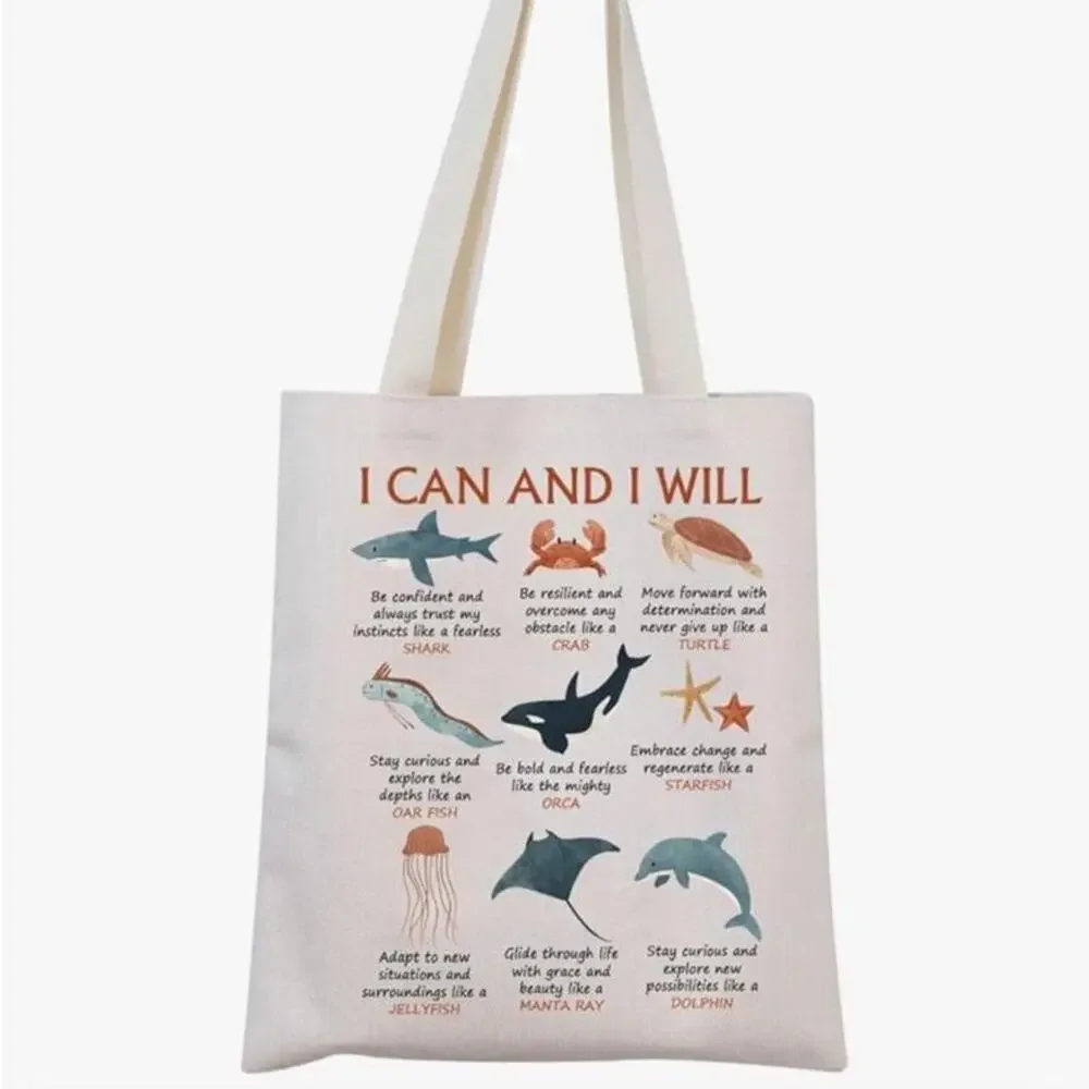 NWOT Motivational Canvas Tote Bag with Marine Life Design
